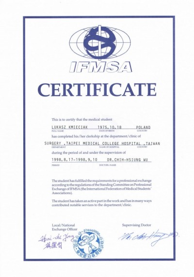 Certyfikat dr. n. med. Łukasza Kmieciaka z IFMSA Taiwan, wymiana studencka w Taipei