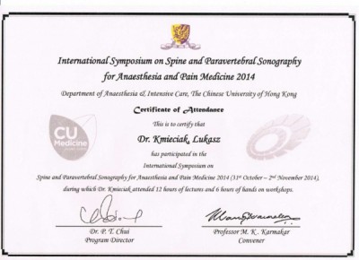 Certyfikat dr n. med. Łukasza Kmieciaka za Warsztaty Spine and Paravertebral Sonography in Pain Medicine