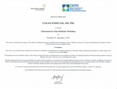 Certyfikat dr n. med. Łukasza Kmieciaka za Warsztaty Techniki Leczenia Bólu pod kontrola USG 
