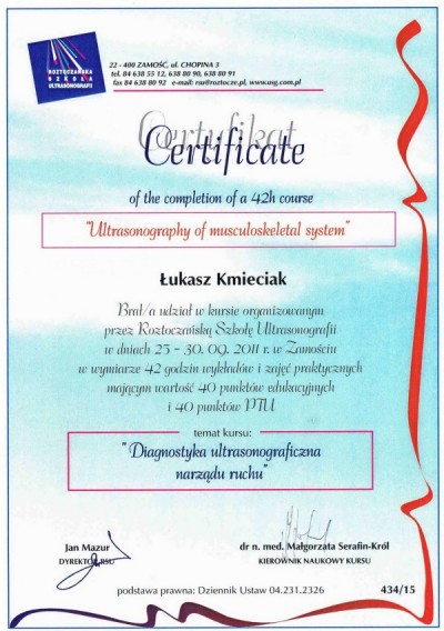 Certyfikat dr n. med. Łukasza Kmieciak za kurs USG narządu ruchu 2011