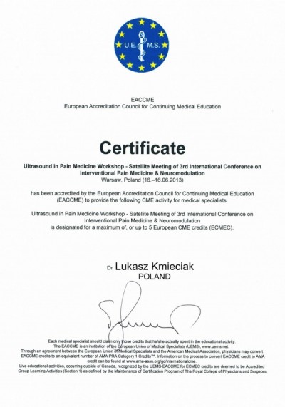 Certyfikat dr n. med. Łukasza Kmieciaka za Warsztaty USG w Leczeniu Bólu, Innsbruck 2014