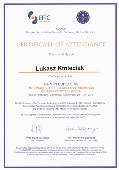 Certyfikat dr n. med. Łukasza Kmieciaka za Zjazd EFIC 
