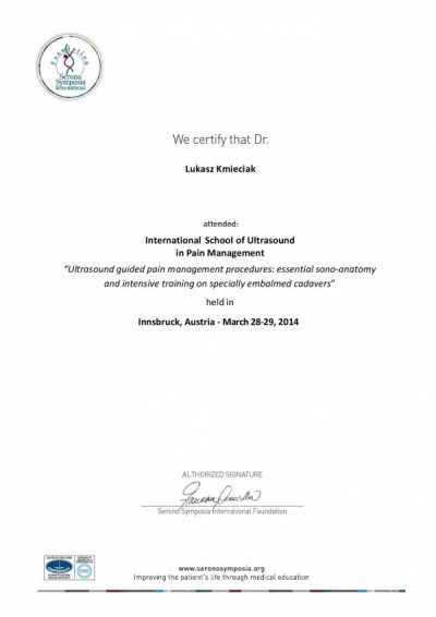 Certyfikat dr n. med. Łukasza Kmieciaka za Warsztaty USG w Leczeniu Bólu, Innsbruck 2014