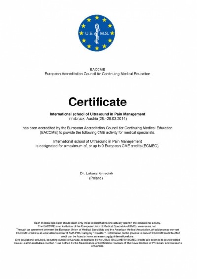Certyfikat dr n. med. Łukasza Kmieciaka za warsztaty Cadaver Workshop, Innsbruck 2014