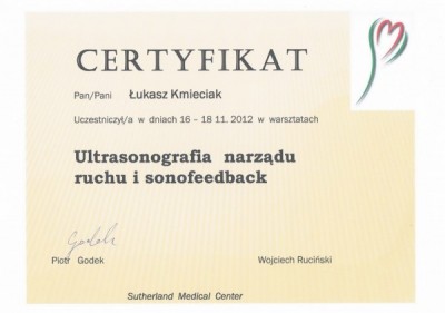 Certyfikat dr n. med. Łukasza Kmieciaka za warsztat USG i Sonofeedback, 2012