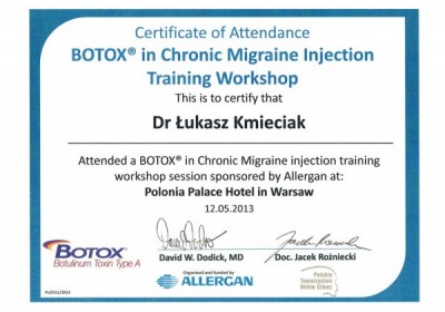 Certyfikat dr n. med. Łukasza Kmieciaka za warztat Zastosowanie iniekcji toksyny botulinowej w migrenie