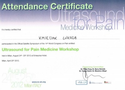Certyfikat dr n. med. Łukasza Kmieciaka za Warsztaty Leczenie Bólu pod kontrola USG, Mediolan 2012