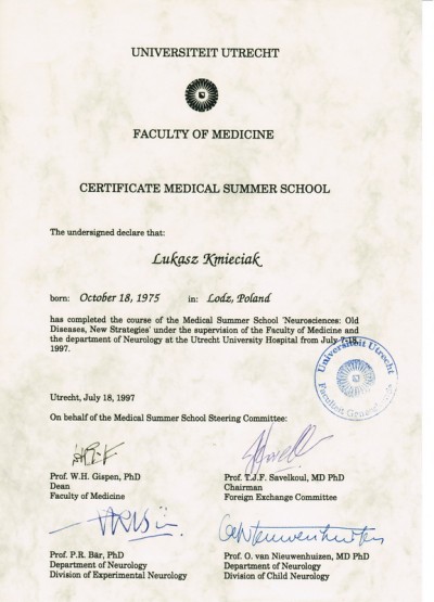 Certyfikat dr n. med. Łukasza Kmieciaka za ukończenie Medical Summer School,Utrecht Holandia 1997