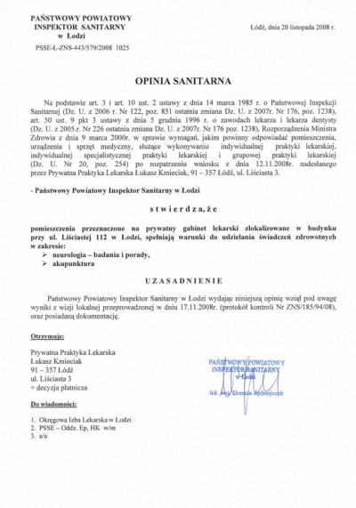 OPINIA SANITARNA PAŃSTWOWEGO INSPEKTORA SANITARNEGO dla dr n. med. Łukasza Kmieciaka