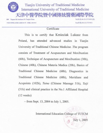 Certyfikat dr n. med. Łukasza Kmieciaka za studia podyplomowe w Tianjin 