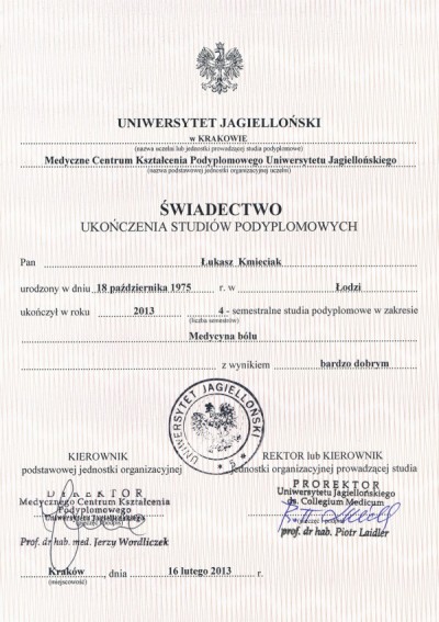 Świadectwo dr n. med. Łukasza Kmieciaka za studia Medycyna Bólu